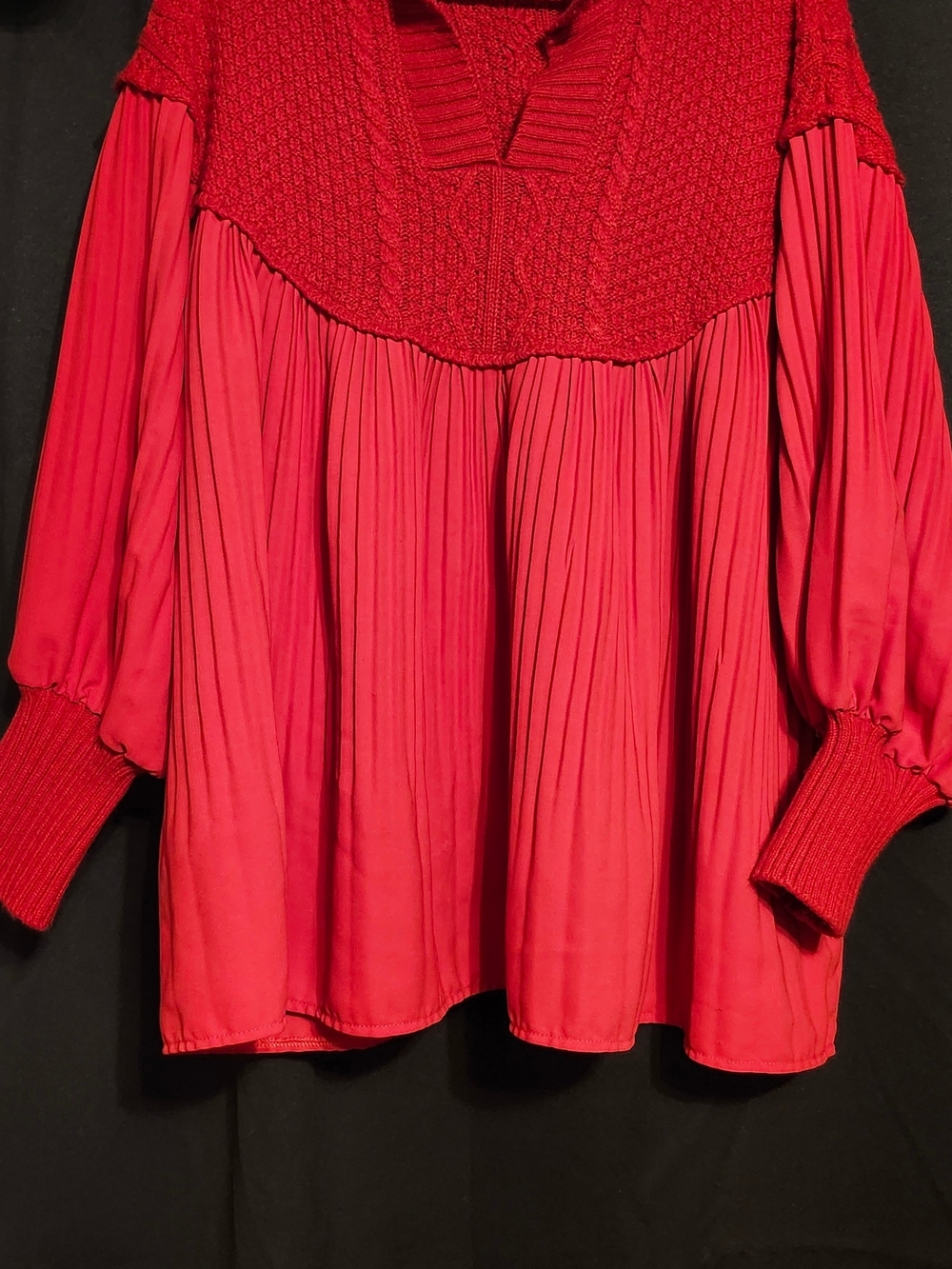 Red Women's Plus Size Pleated Knit-Yoke Pleated Top